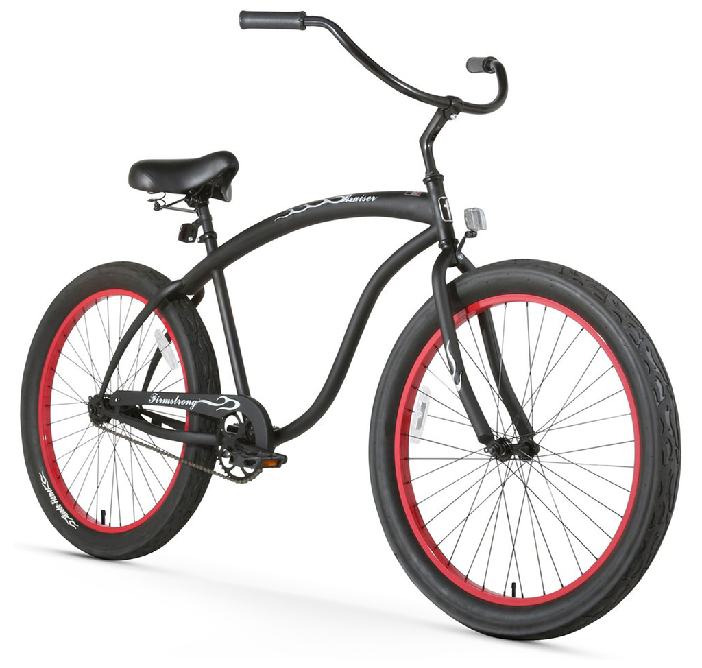 Firmstrong Bruiser 3.0 Single Single Speed, Matte Black with Red Rims- Men's 26" Beach Cruiser Bike