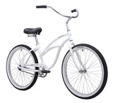 White bicycle with black tires and seat on a white background