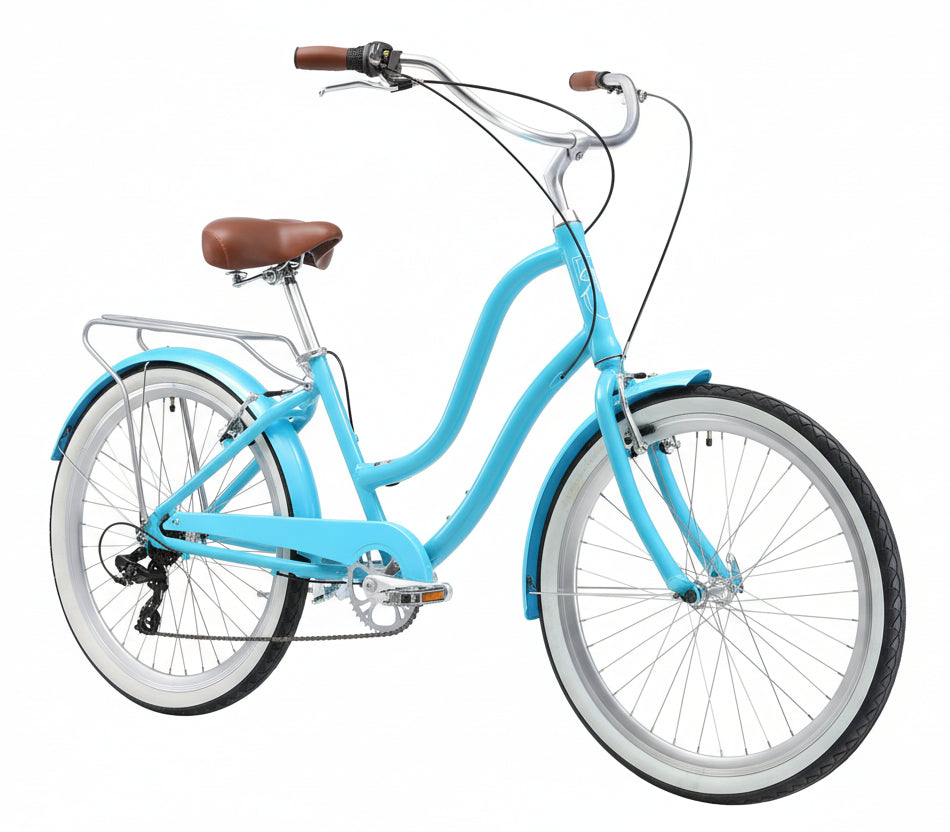 Hyna 7sp Light blue bicycle with brown seat on a white background
