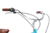 Close-up of bicycle handlebars with brown grips on a white background