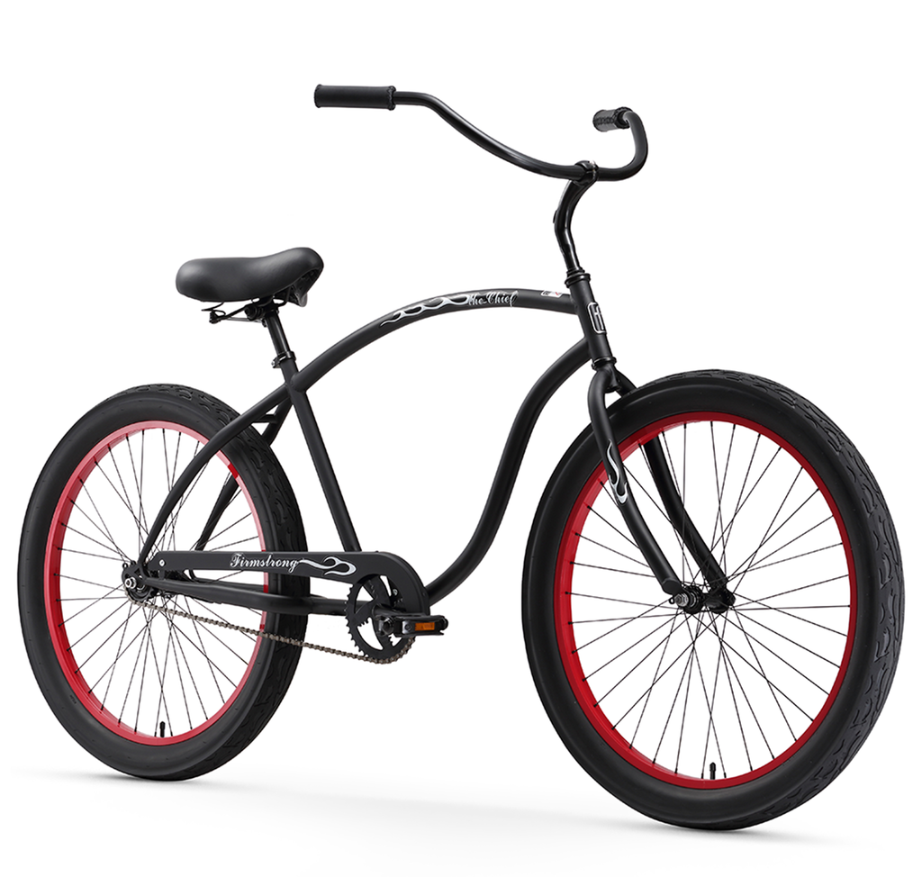 Firmstrong Chief 3.0 Single Single Speed, Matte Black with Red Rims- Men's 26" Beach Cruiser Bike