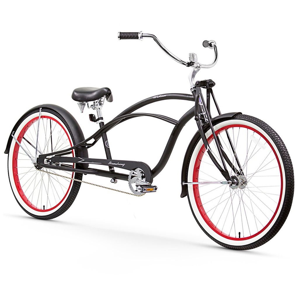 Firmstrong Urban Man Deluxe 26 in. Single Speed Stretch Beach Cruiser Bicycle Matte Black / Red Rim