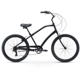 A black Firmstrong CA-520 7 Speed Men's 26 inch Cruiser Bike with forward pedaling design, black tires, and  black handlebars front view