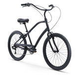 A black Firmstrong CA-520 7 Speed Men's 26 inch Cruiser Bike with forward pedaling design, black tires, and  black handlebars.
