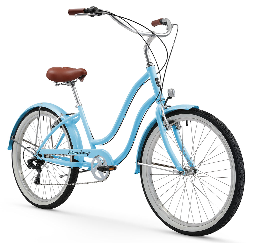 Angled front view of Firmstrong Siren Lady 7 Speed Beach Cruiser Bicycle, Blue, featuring forward pedaling design, dual handbrakes, and matching fenders.