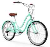 Firmstrong Siren Women's 7-Speed Beach Cruiser in Mint Green, angled profile showing the forward pedaling design and matching fenders.