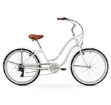 Front profile of Firmstrong Siren Women's 7-Speed bicycle in White, featuring an upright riding position and brown ergonomic grips